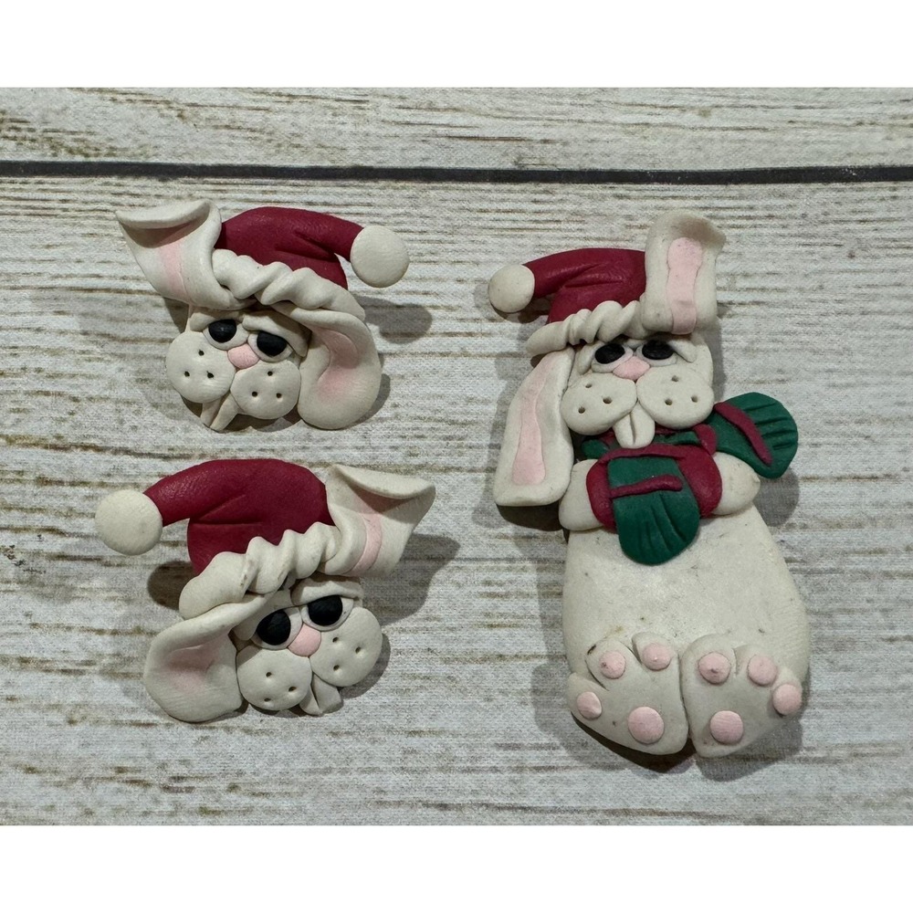 Vintage Lot of Polymer Clay Earrings & Pin Bunny Rabbit Santa Hat Christmas Tb12